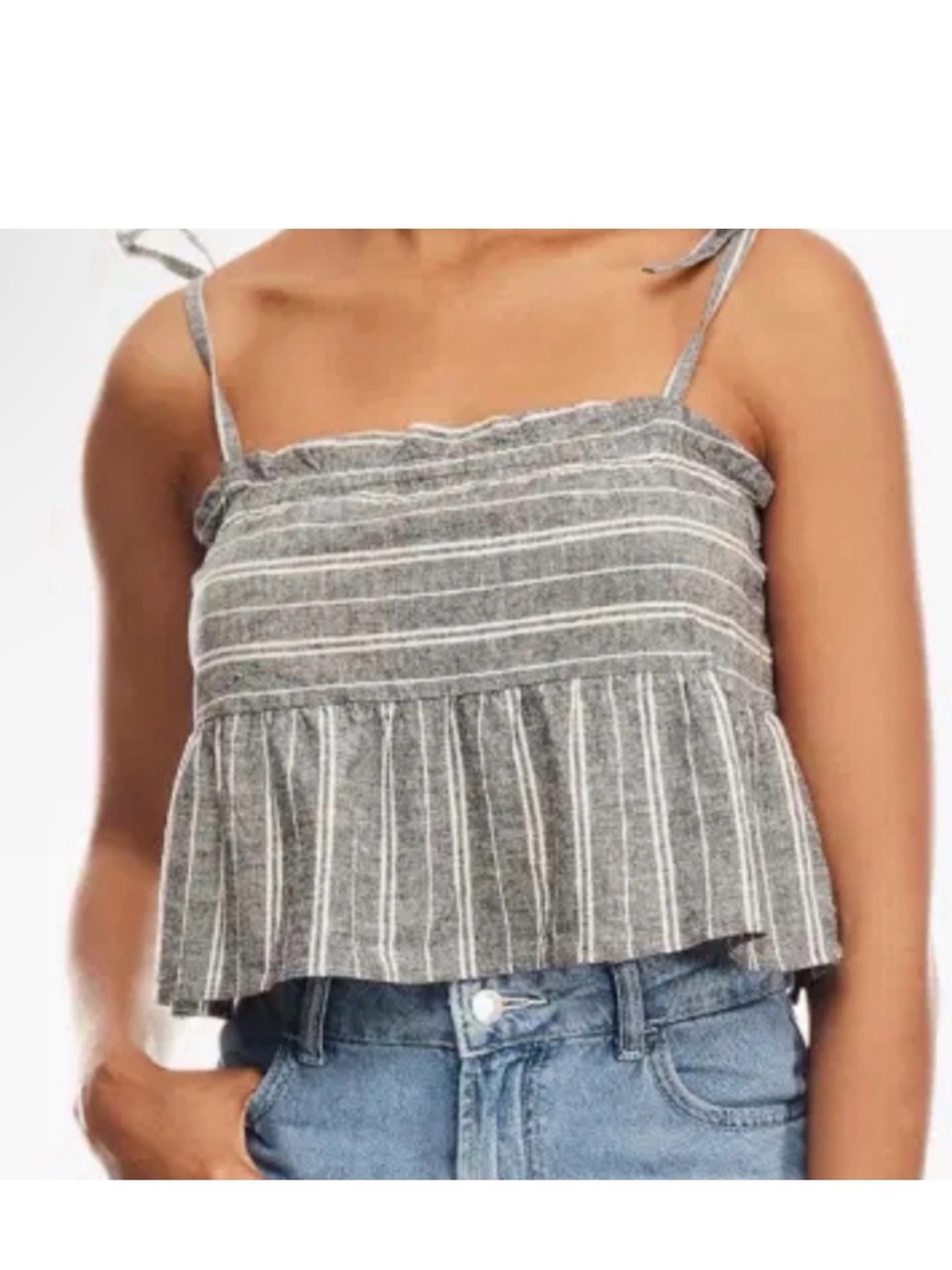 Roxy Gray and White Striped Tie-Shoulder Crop Top